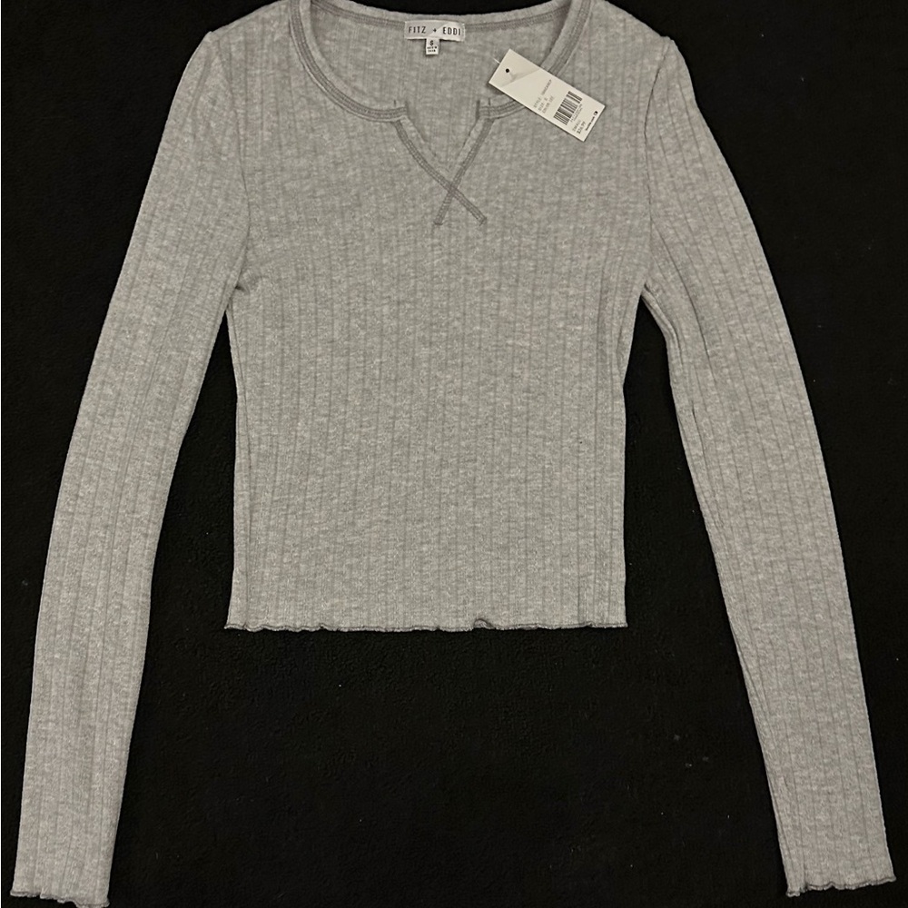 Free People Gray Ribbed Crop Long Sleeve Tee